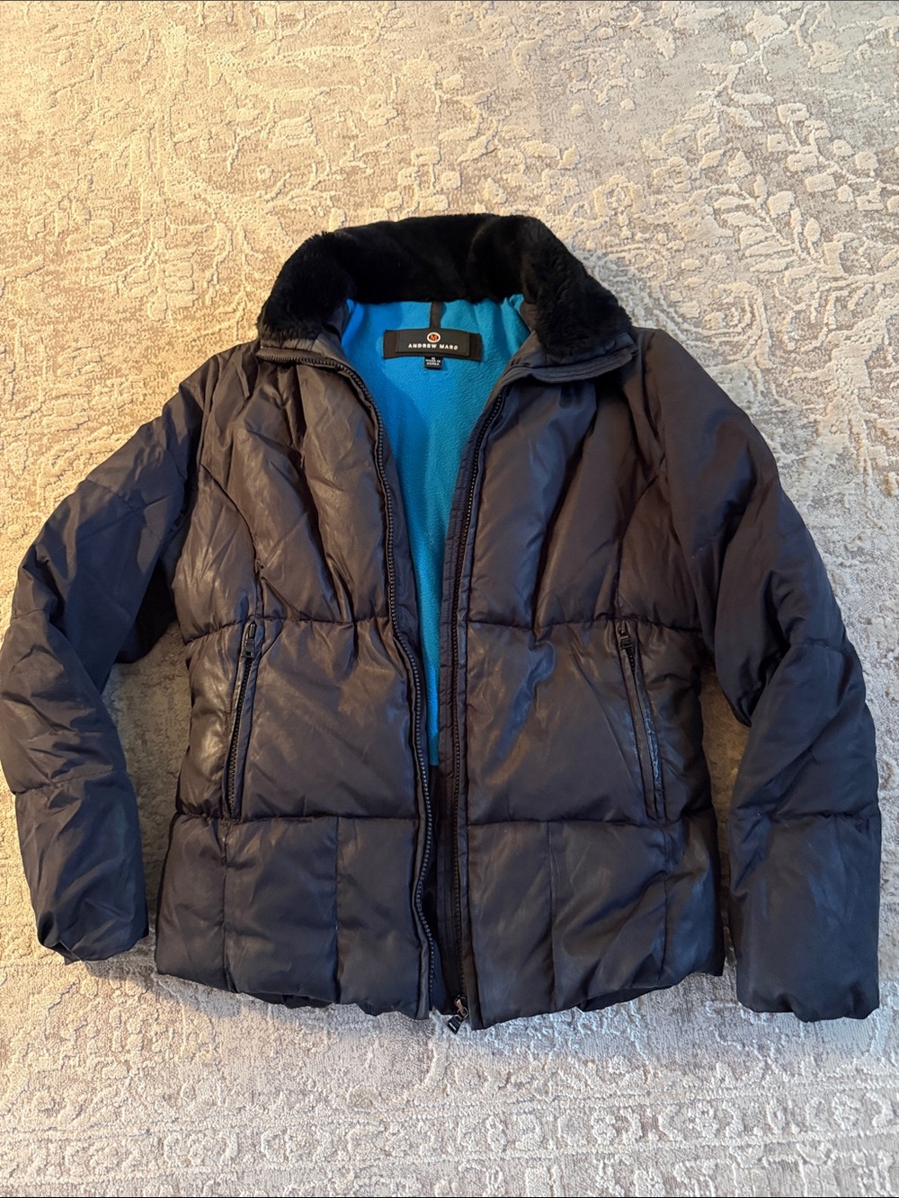 Women’s Andrew Marc Black Down Puffer Jacket with Faux Fur Collar